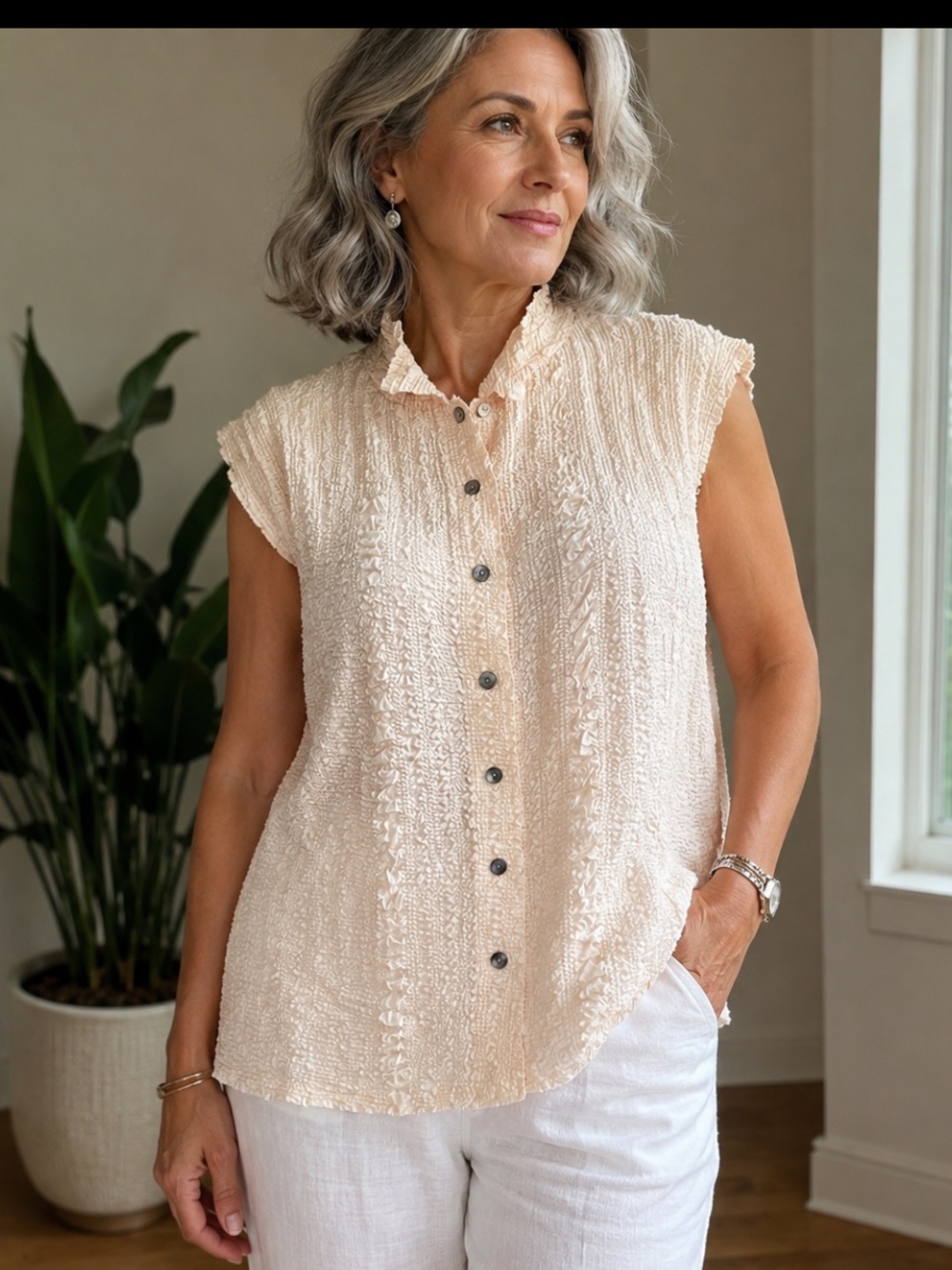 KOMAROV crinkle ivory sleeveless blouse M Made in USA